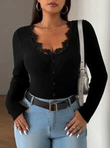 Franclia Plus Size Women Deep V-Neck Contrast Lace Long Sleeve T-Shirt, Casual & Slimming, Decorative Button Design, Autumn/Winter