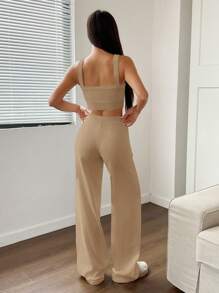 SHEIN Unity 2 件套女士纯色宽肩带简约上衣和长裤休闲针织毛衣套装 - 杏色 - 查看 2
