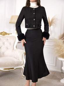 Modelyn 2 件套女士优雅前扣撞色毛绒袖口夹克和美人鱼下摆裙子，秋季 2 件套 - 黑色 - 查看 3