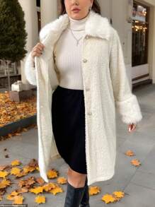 SHEIN Privé Plus Size Elegant Commute Work Chic High-End Afternoon Tea Slightly Sexy Date Music Party Wedding Season Jacket,Camel Fur Collar Thermal Warm Fuzzy Mid-Length Overcoat For Autumn/Winter - Apricot - View 1