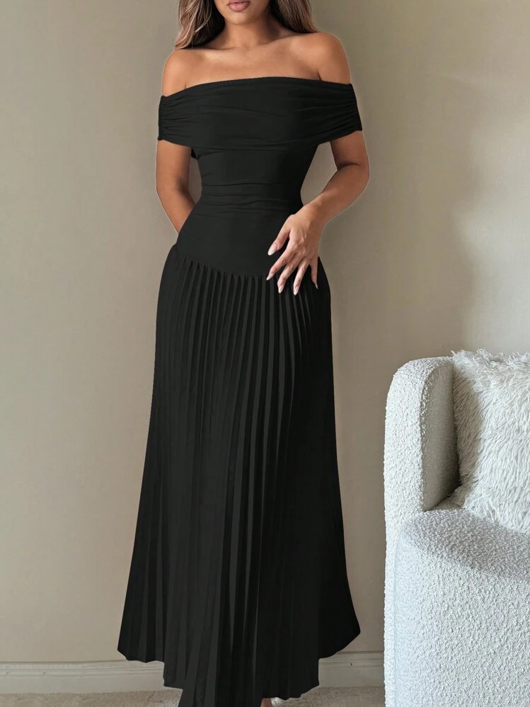 SHEIN ICON Homecoming Dress 1pc Off-Shoulder Solid Color Pleated Elegant Dress,Summer Dresses For Women