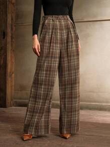 Anewsta High Waisted Straight Leg Plaid Pants For Office Lady, Autumn/Winter