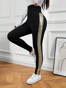 SHEIN LUNE Autumn/Winter Front Zipper Slim Fit Party Black Pants,  Contrasting Sequins Embroidery On Sides