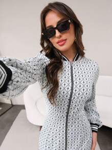 Mulvari Women Striped Collar Zip Front Long Sleeve Dress, Fashionable For Autumn