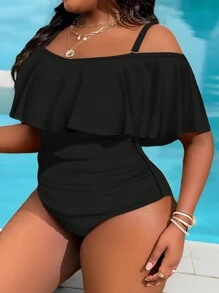 SHEIN Slayr CURVE Maillot de bain une pièce à volants avec épaules dénudées et côtés drapés pour grandes tailles, idéal pour l'été et la plage