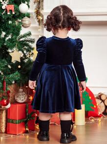 SHEIN Váy nhung tay lỡ màu xanh navy dễ thương cho bé gái mùa Giáng sinh, váy thu/đông - Màu xanh lam - Xem 2