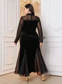 Modelyn Plus Size Women's Solid Color Stand Collar Mesh Long Sleeve Fishtail Hem Elegant Dress Maxi Women Outfit Long Evening Dresses