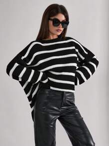 SHEIN Tall 高个子女式黑白条纹圆领超大长袖毛衣 - 黑與白 - 查看 4