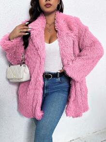 Calvaya Casaco Felpudo Plus Size, Cor Sólida na Moda, Outono/Inverno - Rosa chiclete - Visão 6