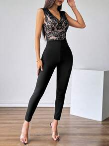 Firerie Women's Lace Patchwork Sleeve Lace Top Minimalist Lace Patchwork Sleeveless Jumpsuit, Teacher Jumpsuit,Casual Wear For Work,Commuter Style Office/Business Daily Wear