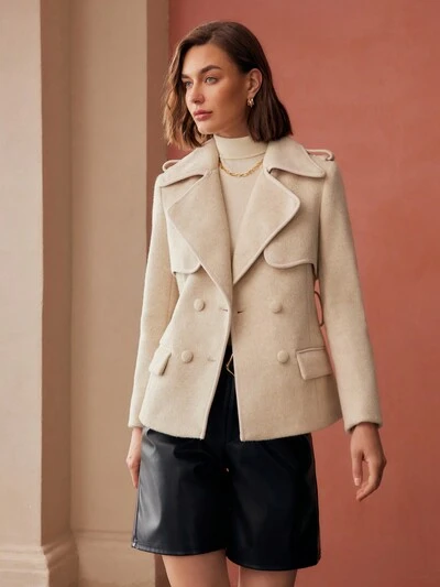 LAPEL COLLAR DOUBLE BREASTED PLACKET BUCKLE BELTED OVERCOAT