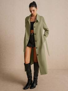 Poéselle 女式基本款口袋长款风衣纯色腰带长袖