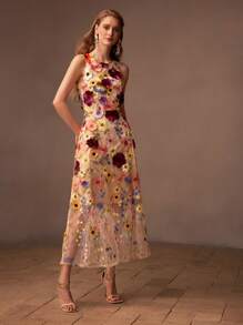 MOTF PREMIUM MESH EMBROIDERY FLORAL PATTERN SLEEVELESS DRESS - Apricot - View 6