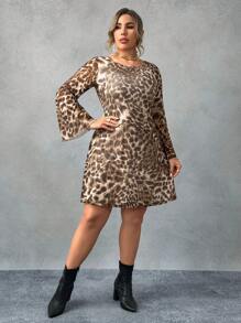 Flirla Plus Size Leopard Print U-Back Long Sleeve Dress - Multicolor - View 3