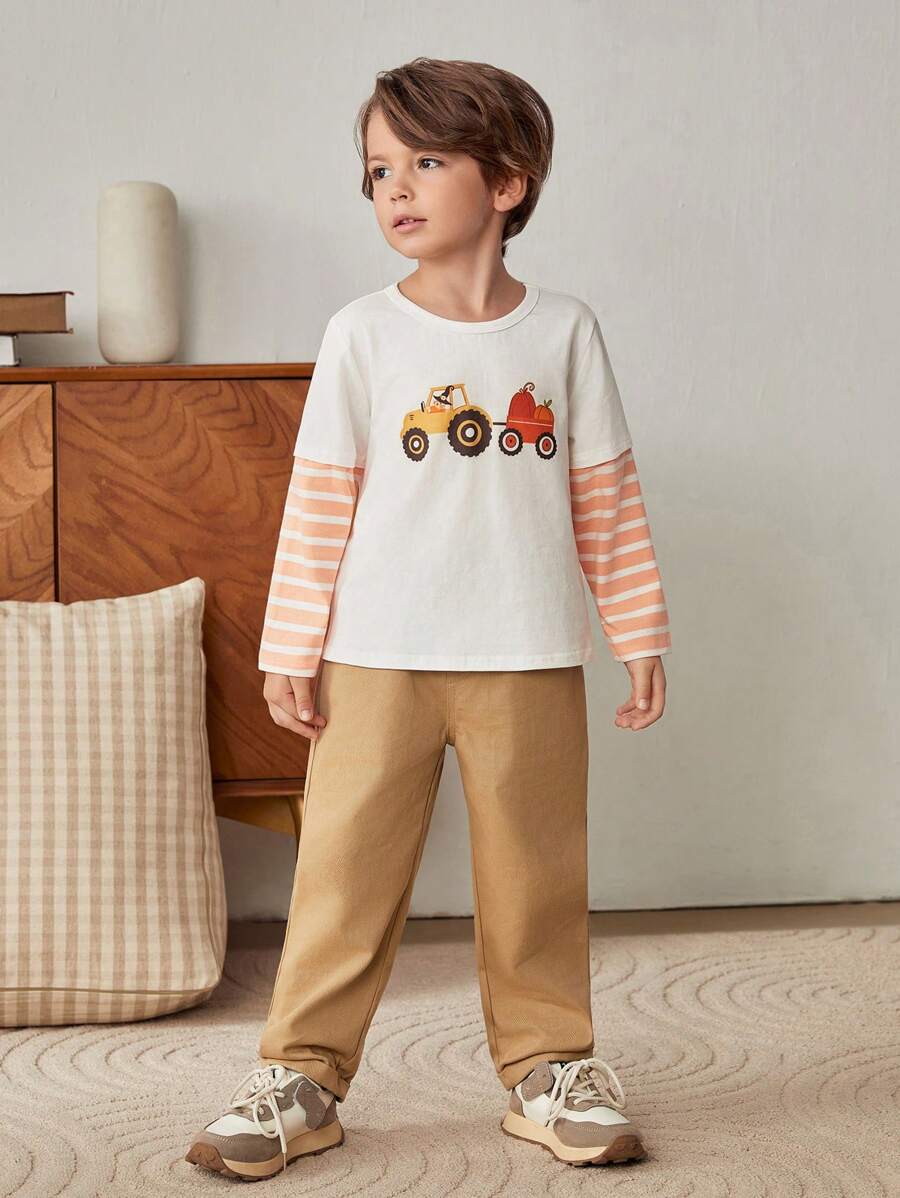 Cozy Pixies 2pcs/Set Cartoon Car Pattern Knit Soft Contrast Color Crew Neck Long Sleeve Top And Solid Color Pants Set, For Young Boy - Multicolor - View 1
