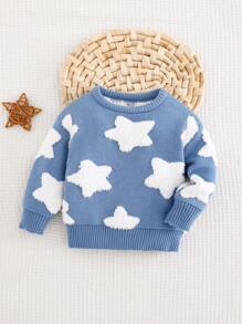 SHEIN 女婴可爱百搭蓝色星星图案长袖毛衣，秋冬 - 藍色 - 查看 6