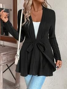 Women Casual Knotted Front Ribbed Jacket, Suitable For Autumn Everyday Wear - Black - View 1