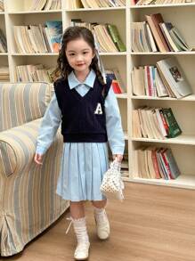 SHEIN 年轻女孩时尚休闲潮流长袖单排扣褶皱下摆衬衫配字母标志背心 2 件套休闲套装 - 彩色 - 查看 5