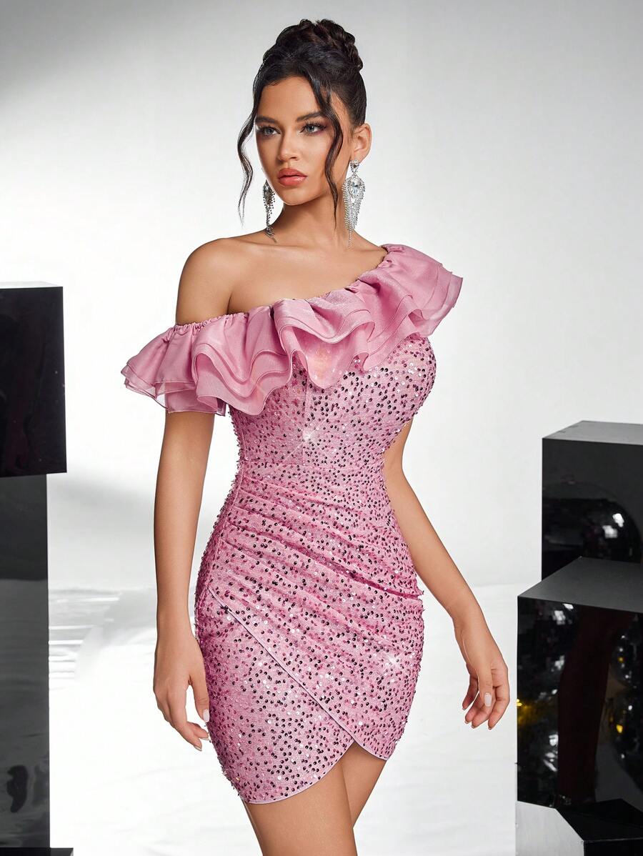 SHEIN Belle Women Solid Asymmetrical Neck Wrap Hem Cocktail Dresses, Homecoming Dress, Prom Semi Formal Dress, For Birthday, Wedding Guest, Graduation, Dinner, Party Dress - Pink - View 1