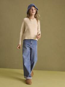 SHEIN Áo len tay raglan cổ tròn trang trí ngọc trai thường ngày cho bé gái tuổi mới lớn, màu trắng, dành cho mùa thu đông - Màu be - Xem 5
