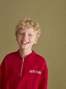 SHEIN 男童红色字母印花圆领落肩长袖卫衣，秋冬季、圣诞节、新年 - 紅色 - 查看 5