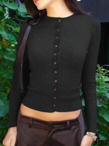 INAWLY Women Solid Color Round Neck Single-Breasted Casual Knitted Cardigan, Autumn & Winter  Fall Outfit