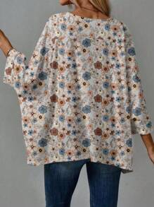 SHEIN LUNE Women Casual Retro Floral Pattern Round Neck 3/4 Sleeve Drop Shoulder T-Shirt, Suitable For Autumn/Winter