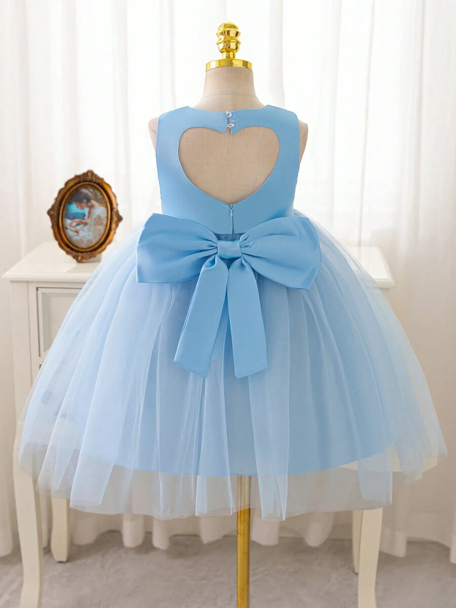 Glamorique Kids Young Girl Christmas Party Wear Santa Dress, New Year Dress, 4-Season Wedding Flower Dress, Blue Satin Soft Princess Gown, Christmas Backless V-Neck Hollow Bowknot Banquet Dress - Baby Blue - View 1