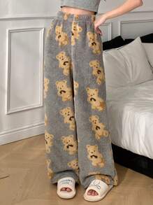 DAZY Pantalones de pijama rectos con estampado de oso de peluche