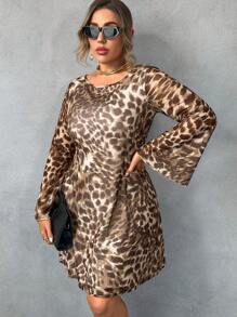Flirla Plus Size Leopard Print U-Back Long Sleeve Dress - Multicolor - View 4