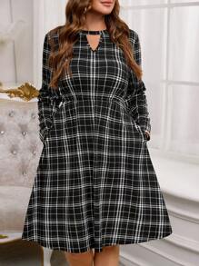 EMERY ROSE Plus Size Winter Women's Long Sleeve Round Neck Hollow Out Plaid Pocket Short Casual Dress,Elegant For Women