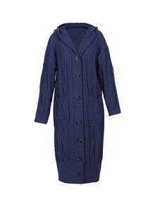 Plus Size Casual Hoodie Cardigan Med Knappar Framtill, Höst/Vinter - Marinblå - Visa 6