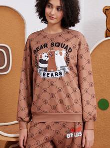 We Bare Bears X SHEIN 女士休闲卡通熊和字母印花落肩宽松运动衫，适合春秋季节，适合圣诞节 - 棕色 - 查看 3
