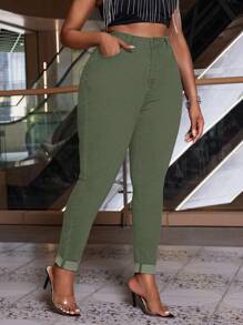 SHEIN SXY Quần Jeans Xanh Quân Đội Co Giãn Cỡ Lớn Cho Nữ, Quần Ôm Có Viền Bó - xanh quân đội - Xem 4