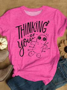 SHEIN LUNE Plus Size Thinking Of You Voodoo Doll Print T-Shirt,With Pins And Needles Print Graphic Tees Women Tops - Multicolor - View 1