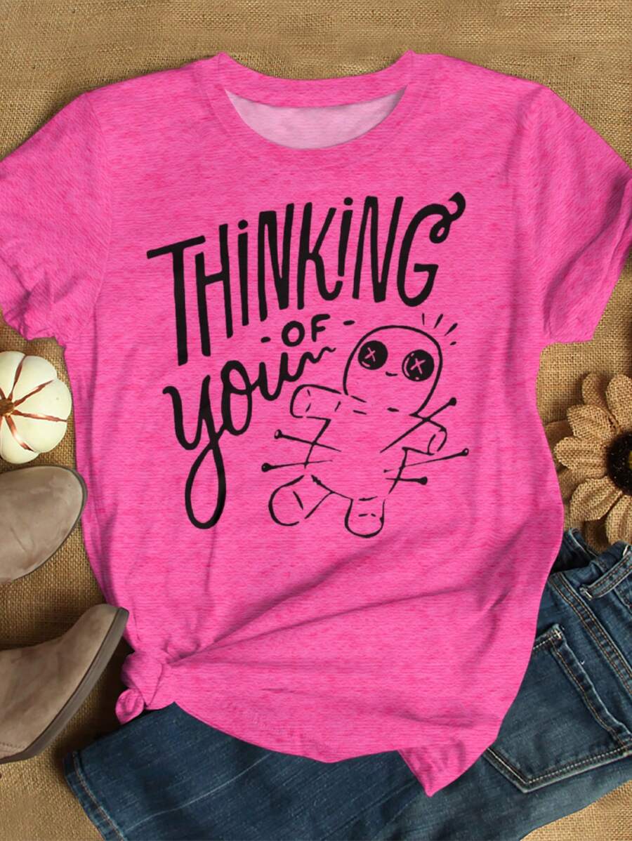 SHEIN LUNE Plus Size Thinking Of You Voodoo Doll Print T-Shirt,With Pins And Needles Print Graphic Tees Women Tops - Multicolor - View 1