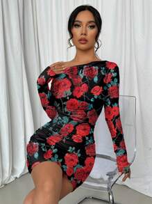 Elenzga Kleid mit Rüschen und asymmetrischem Ausschnitt, Rosenprint, Langarm, für Neujahrskleider
