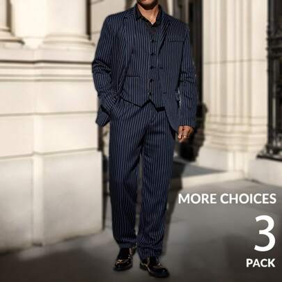 3pcs/Set Men's Casual Striped Loose Fit Long Sleeve Blazer, Elastic Waist Pants And Vest Suit