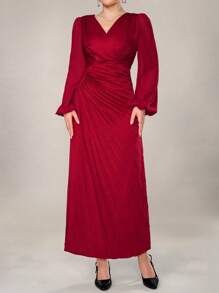Modelyn Women's Elegant Lantern Sleeve Ruched Waist Long Dress For Fall - Red - View 8