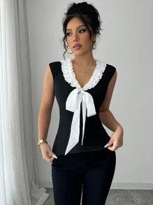 Chiquease Blusa corta de encaje tejido con lazo sin mangas, estilo dulce y picante para mujer