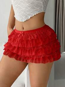 Sweetina Multilayered Lace Patchwork Mini Shorts With Low Waist - Red - View 2