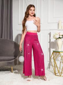 SHEIN Pantalones anchos con lentejuelas para niña preadolescente, elegantes y glamorosos pantalones de lentejuelas brillantes para fiesta y baile