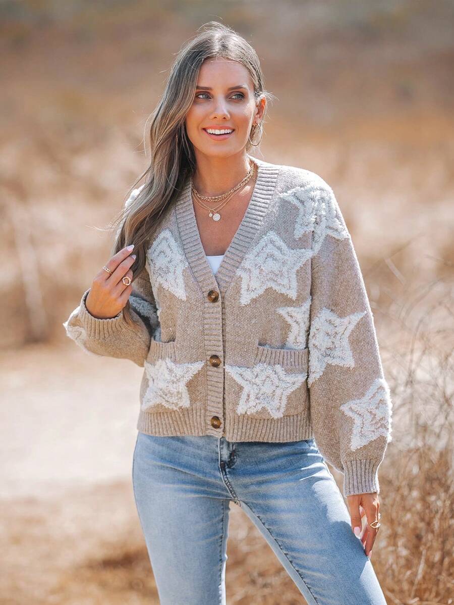 SHEIN VCAY Chaqueta de punto casual para diario y vacaciones con estampado de estrella, suéteres para mujer, térmica, ropa de invierno para mujer - Caqui - Ver 1