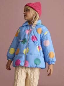 SHEIN Young Girls Colorful Polka Dot Blue Collar Pocket Cinched Waist Casual Jacket, Autumn And Winter - Blue - View 5