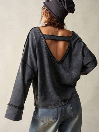 Bohemela Damer i enfärgad enfärgad V-ringad rygglös tröja med utsvängda ärmar, långärmade toppar