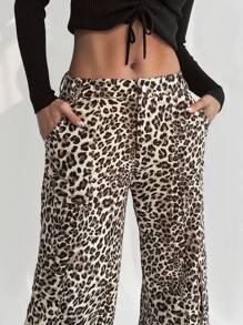 Aloruh 女士豹纹口袋设计长款休闲裤，秋冬新品 - 彩色 - 查看 3