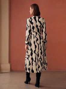 MOTF PREMIUM ALLOVER PRINT TIE NECK PUFF SLEEVE PLEATED HEM LONG DRESS WITHOUT BELT, WOMEN OUTFIT
