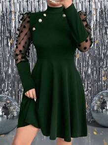 SHEIN Clasi Vestido elegante de talla grande con contraste de malla, botones de metal y dobladillo acampanado - Verde Oscuro - Ver 3