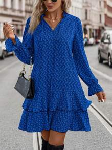 EMERY ROSE 1pc Women All-Over Print Minimalist Short Casual Dress With Long Sleeve, For Daily Wear