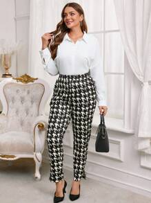 EMERY ROSE Plus Size Winter Women's Casual Commuter Houndstooth Print Tapered Pants,Elegant For Women